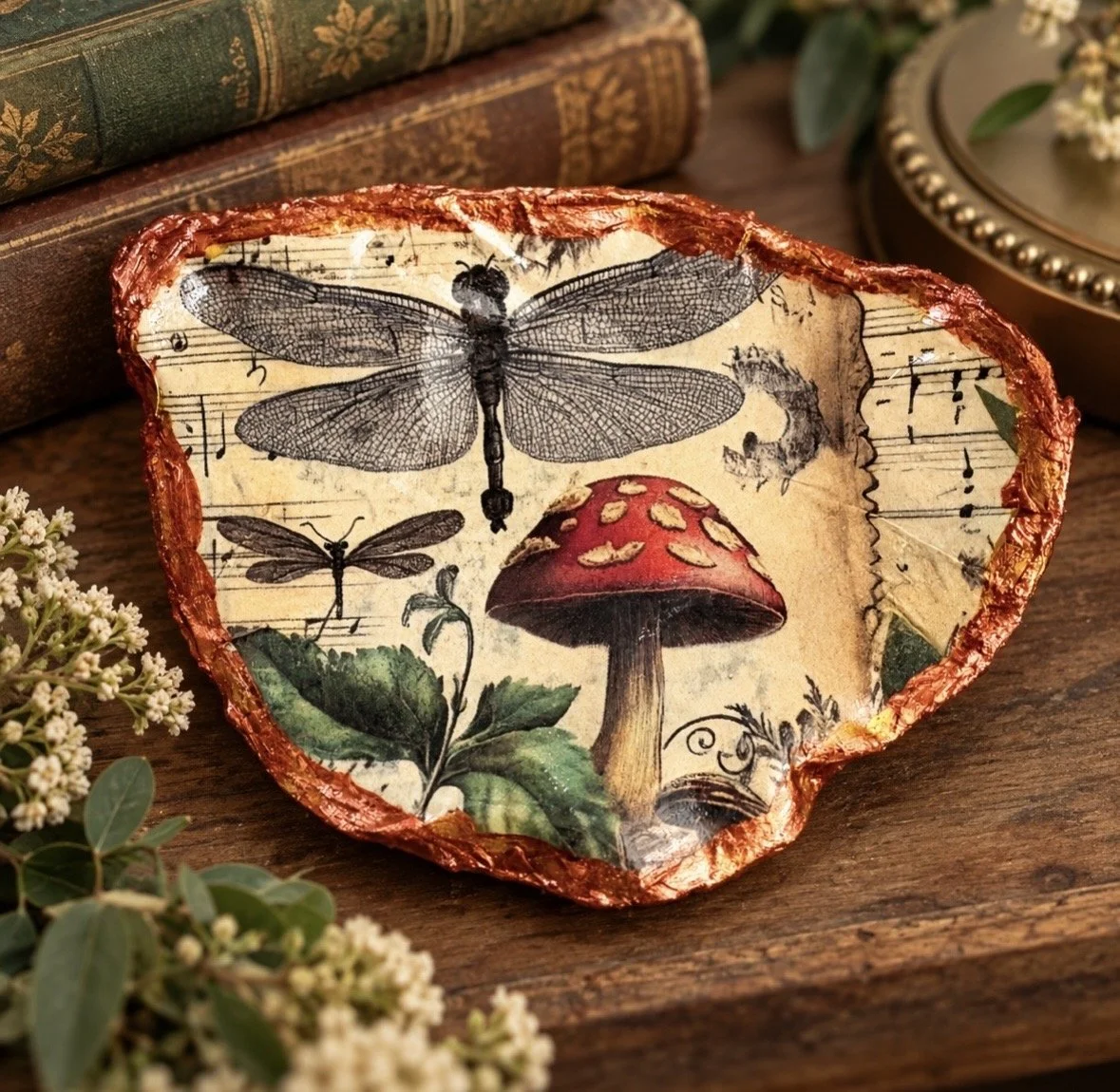 Dragonfly & Mushroom — Decoupage Oyster Shell Trinket Dish