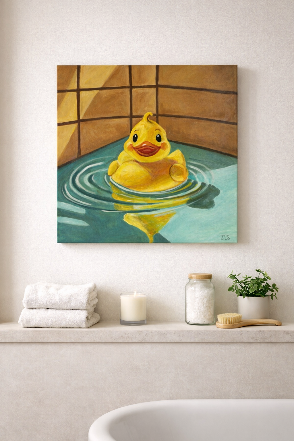 Still life painting of a rubber duck in a bathtub with golden reflections in the water.