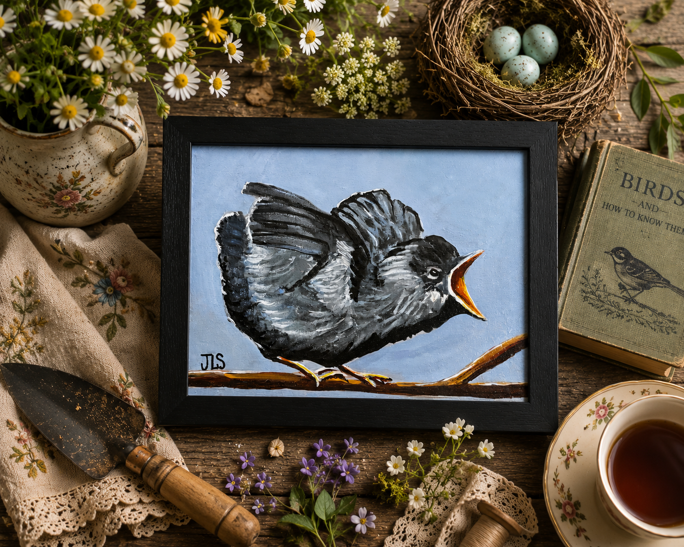 Small baby bird perched on a branch with its beak open, surrounded by soft green foliage and delicate white blossoms against a muted blue-green background.