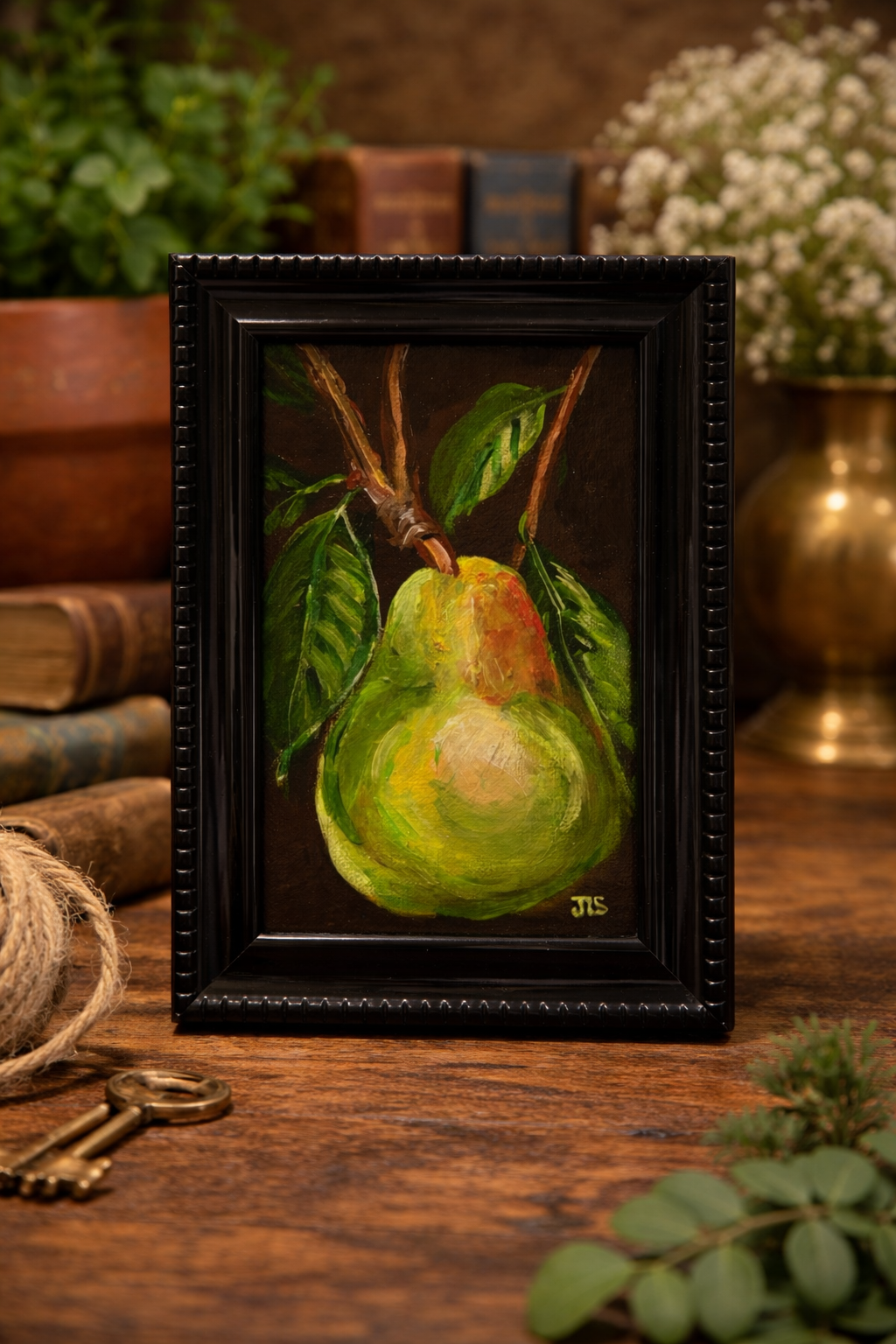 vibrant still life painting of a single pear, small fruit composition with bright color and simple form