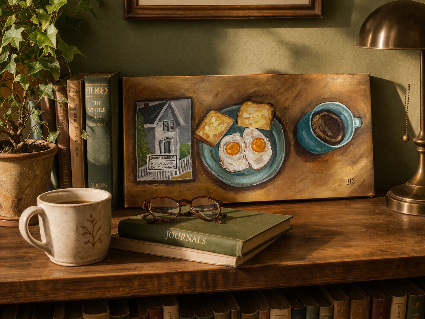 Fried eggs on a plate with toast, a cup of coffee, and a book