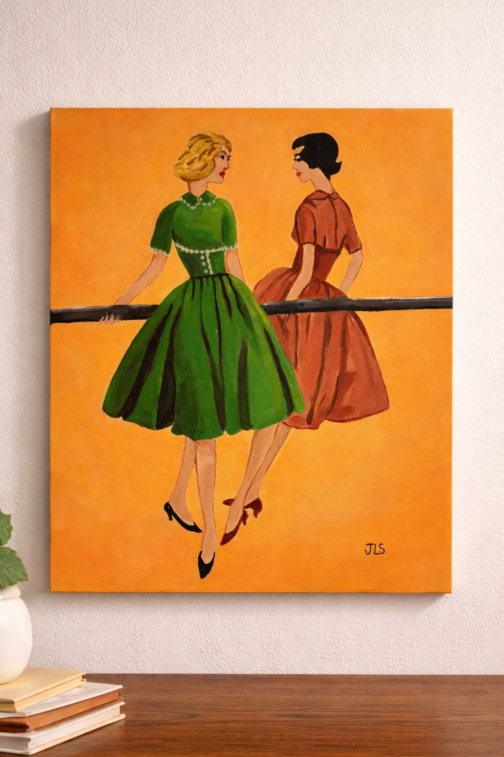 mid century modern fashion painting, retro figurative artwork with vintage style clothing and bold composition
