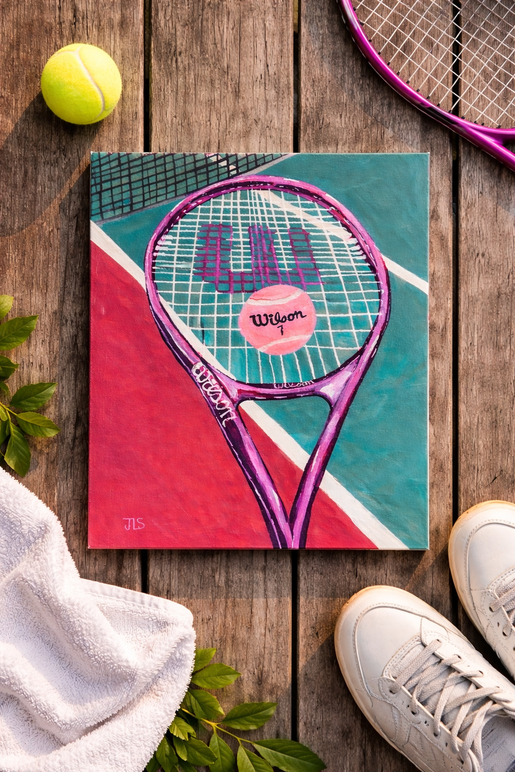 Tennis racket and tennis balls against a court background