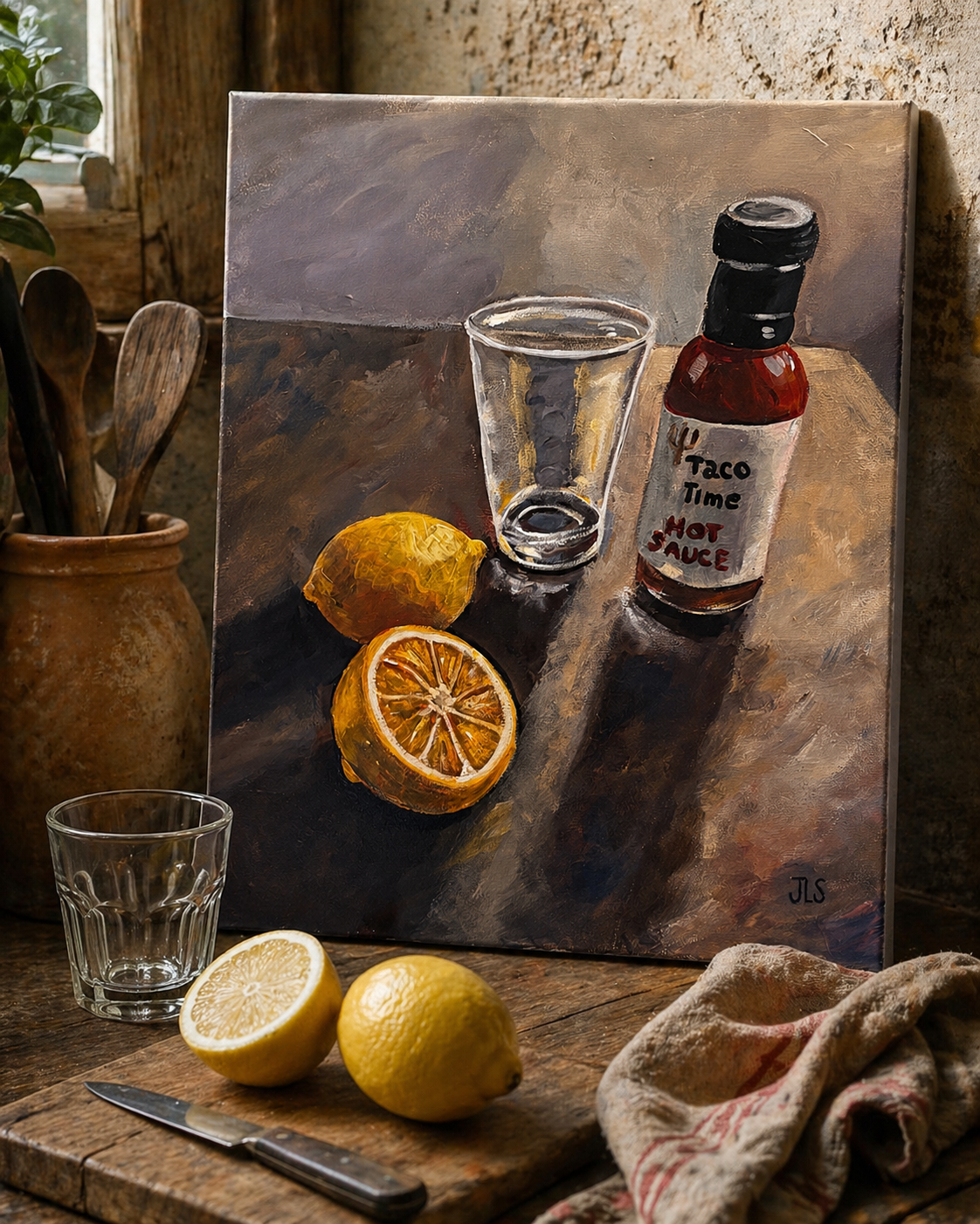 Whole lemon, halved lemon, empty glass, and Taco Time hot sauce bottle