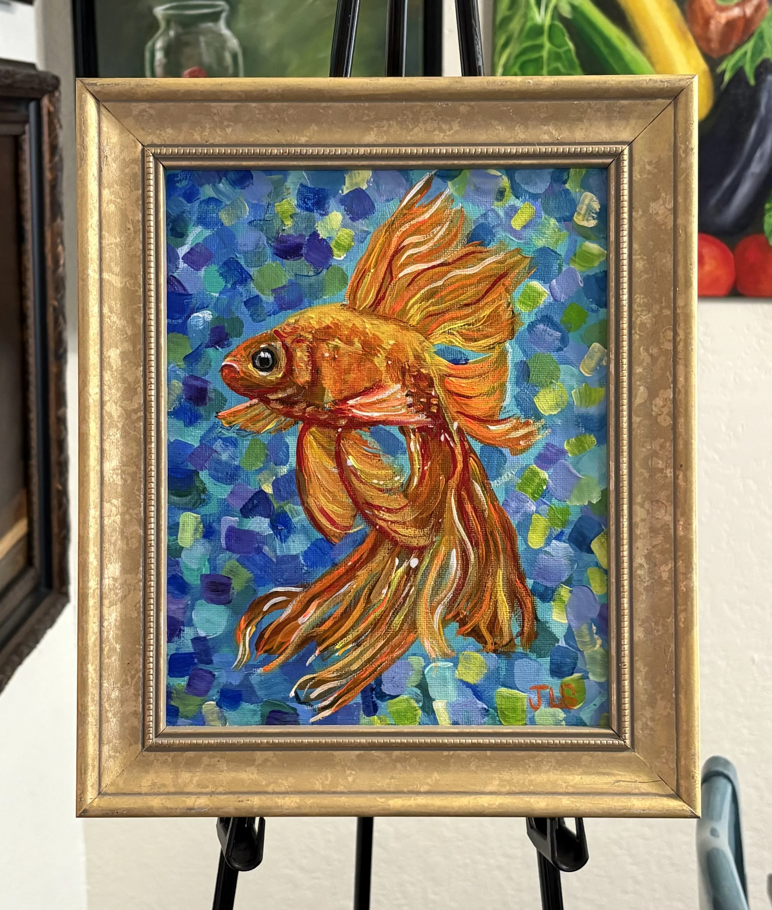 Goldfish Painting, Vintage Frame 8" x 10”  FREE SHIPPING