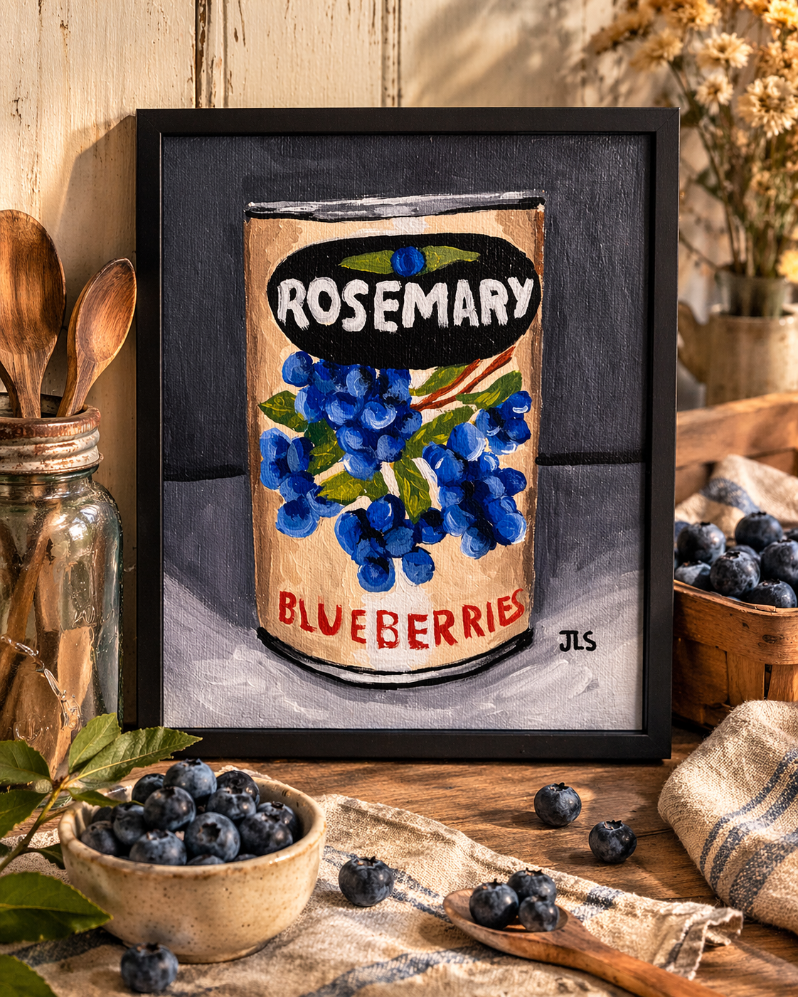 vintage style can labeled rosemary with blueberries illustration
