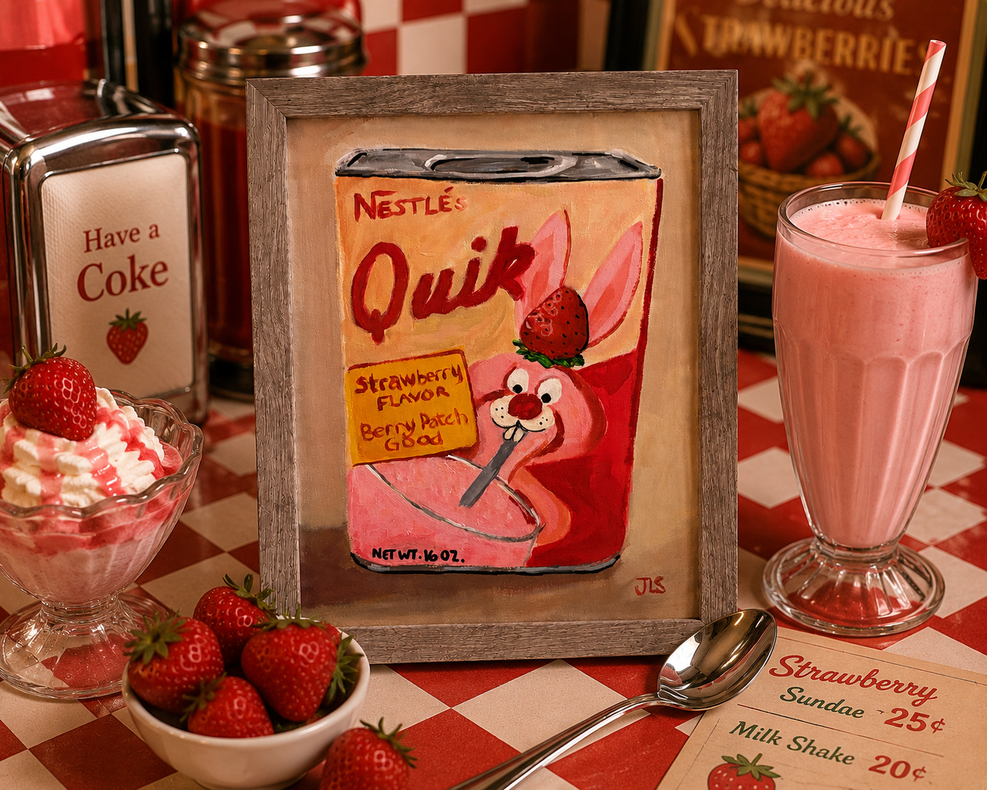 Vintage-inspired Nestlé Strawberry Quik painting featuring the pink strawberry bunny mascot with retro kitchen colors and nostalgic food packaging details.