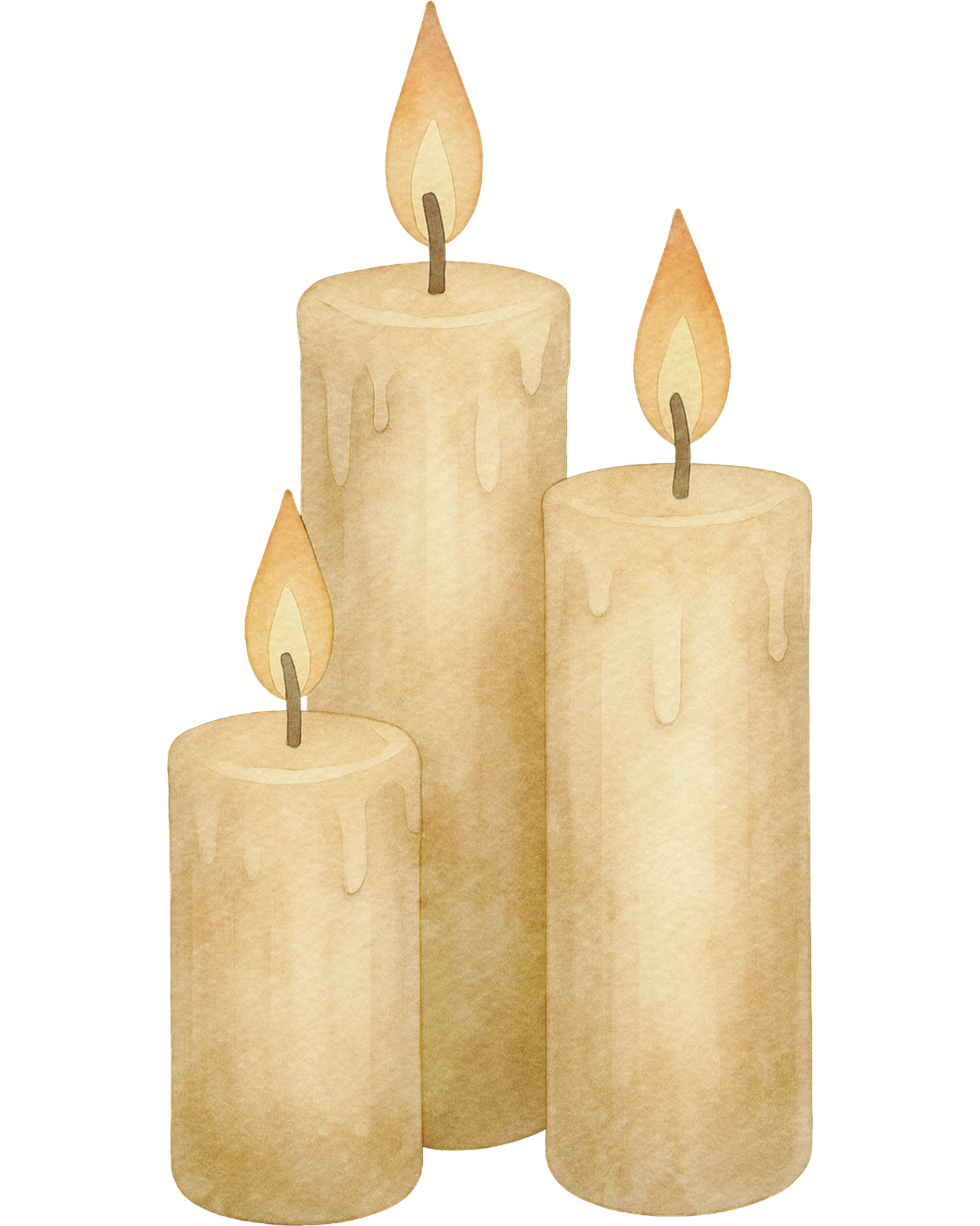 Three beige candles with flames on top, different heights, with wax drips visible.