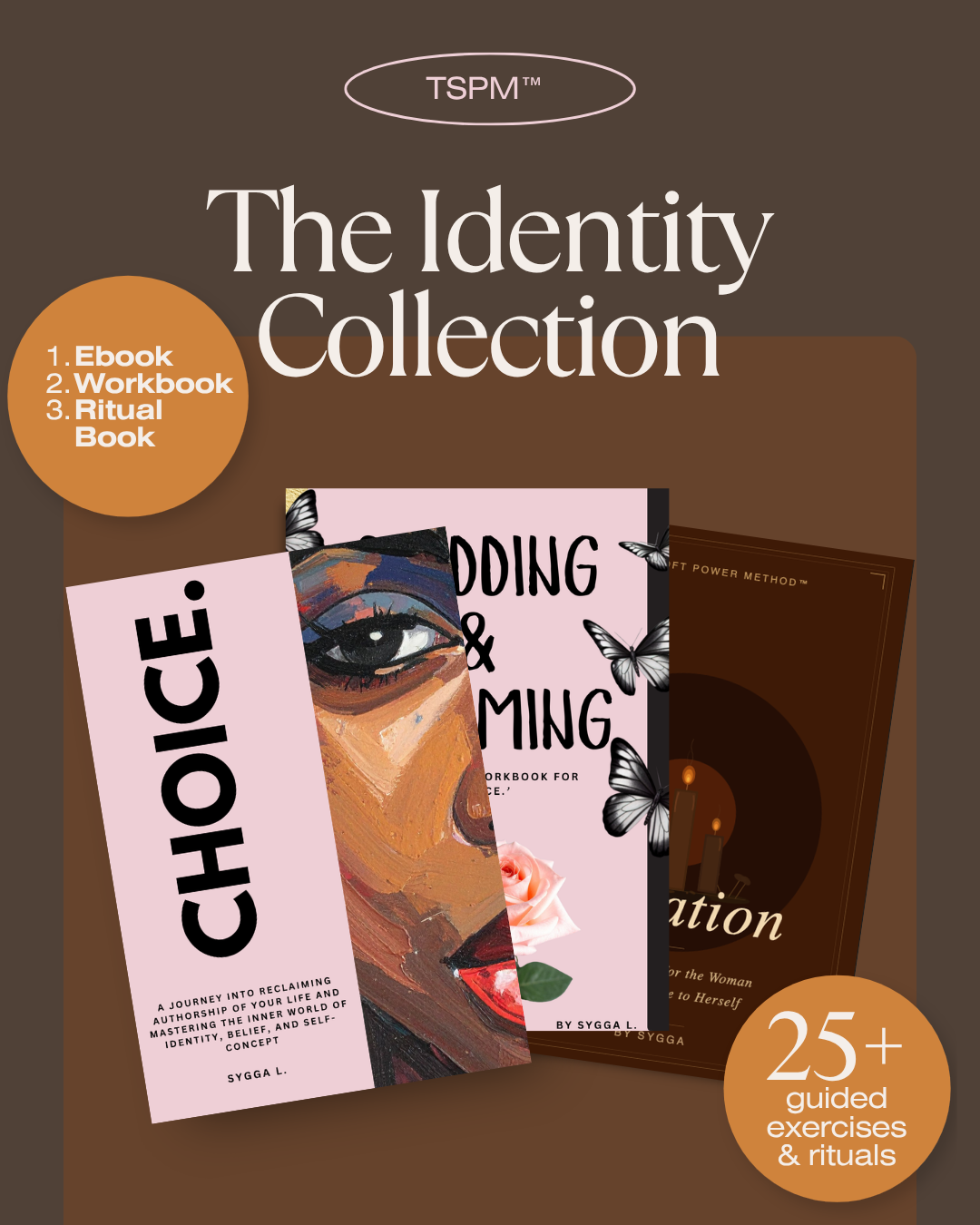 Cover of a book titled 'The Identity Collection' featuring three books and a circle badge with '25+ guided exercises & rituals'. The books include 'Choice,' an eye illustration with a colorful face painting, and 'Meditation.' The background has different shades of brown.