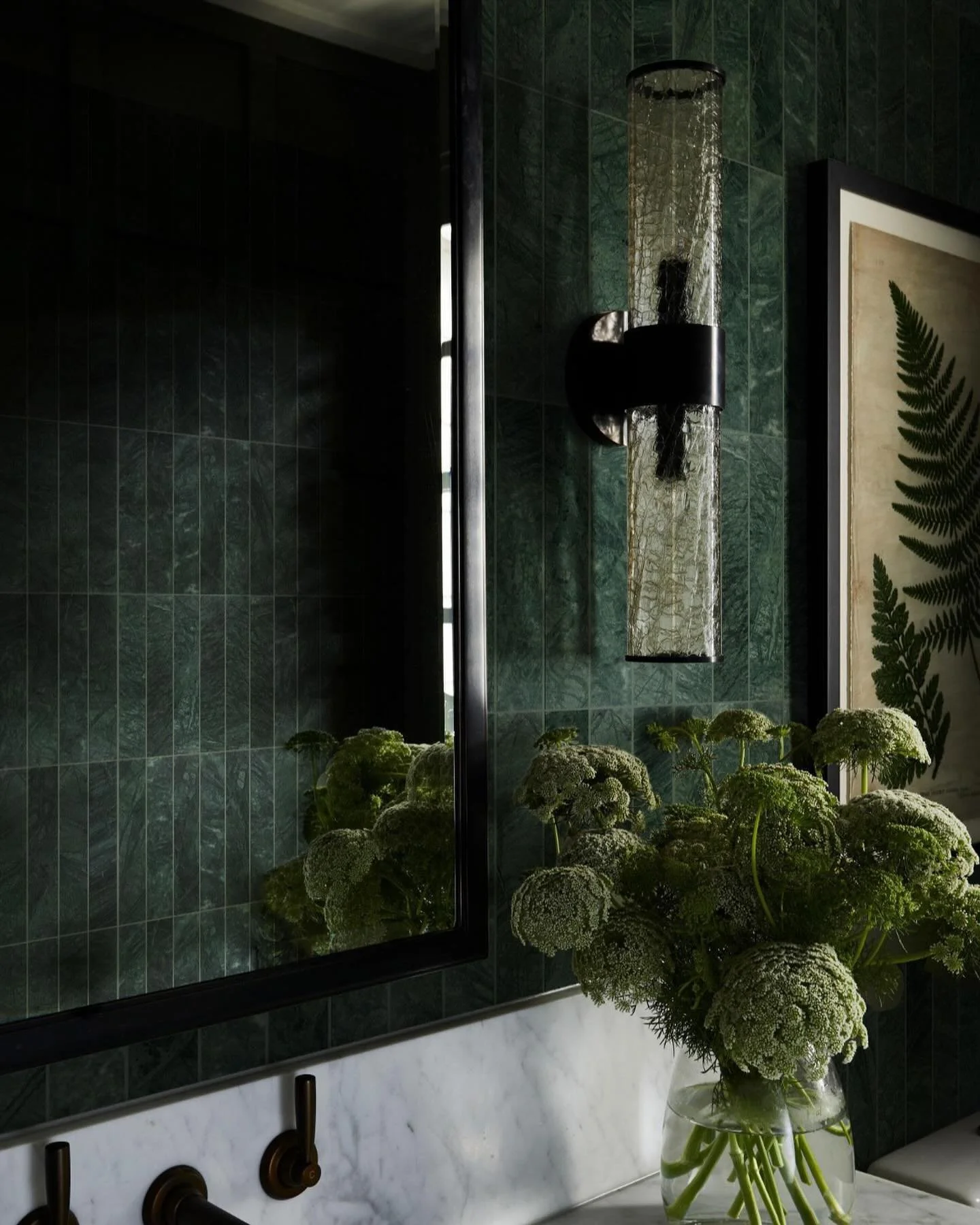 Tile Inspo 🦚 // these green mosaic tiles are made with natural stone and have no MOQ (!!). We love this factory in the South of China - they also make beautiful furniture pieces custom to spec. Supplier image.