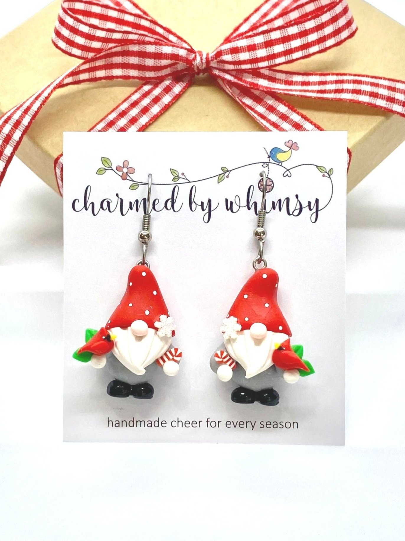 Red Bird Gnome Dangle Earrings