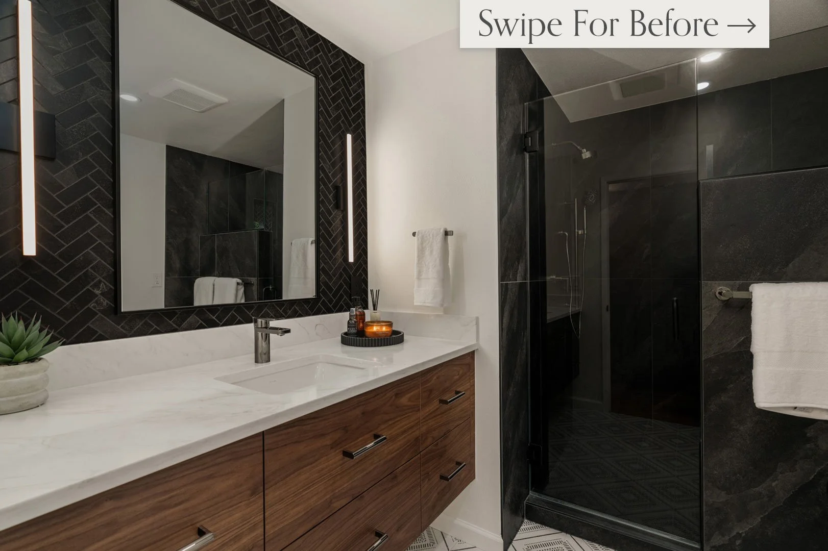 This Federal Way bathroom remodel is the perfect example of what a great before and after bathroom remodel can do. The old hall bath was cramped and offered little storage or comfort. Our clients dreamed of a space that felt moody, modern, and spa-in