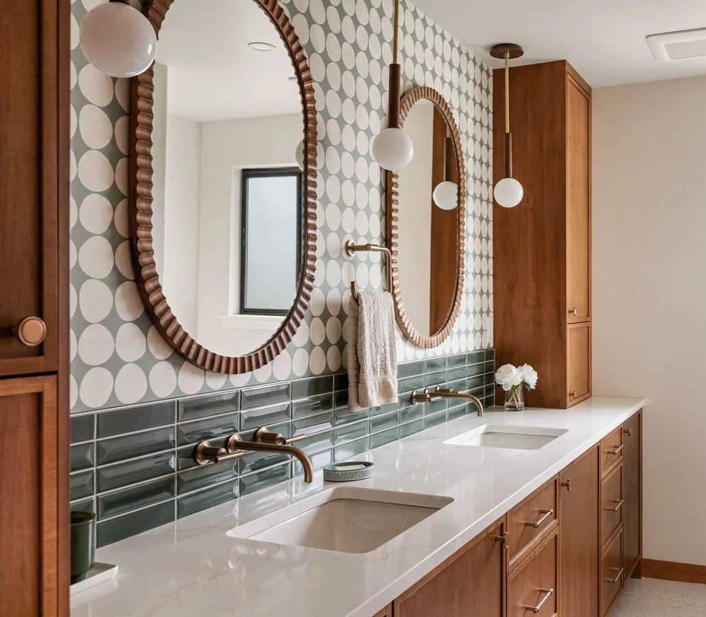 Sammamish WA bathroom remodel by a design-build remodeling contractor featuring a mid-century modern double vanity, custom wood cabinetry, green tile backsplash, and retro oval mirrors