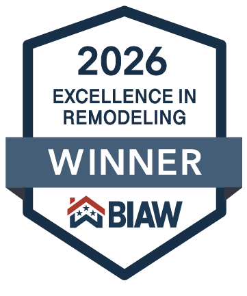 A badge that reads '2026 Excellence in Remodeling Winner' with the BIAW logo at the bottom.
