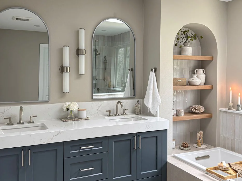 Kitchen, bathroom, and whole home remodeling contractor in Tacoma showcasing a custom bathroom remodel with double vanity and architectural details