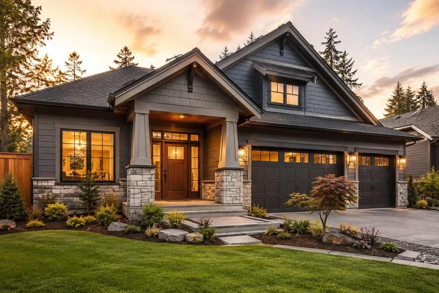 Modern Tacoma home with new fiber cement siding, black garage doors, stone accents, energy-efficient windows, and professional landscaping at sunset after an exterior remodel.