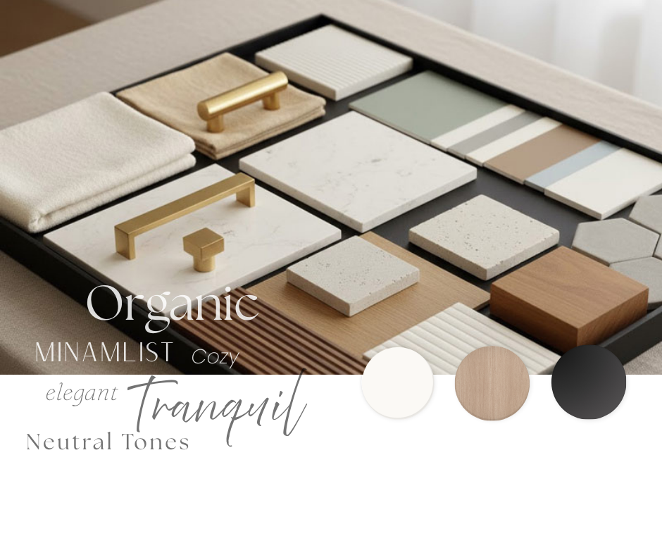 Interior design material selections including quartz, wood finishes, tile samples, and brass hardware arranged in a cohesive neutral palette for a custom remodel.