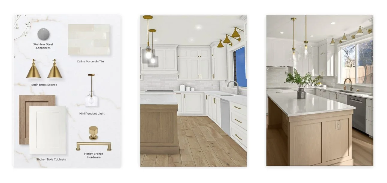 Tacoma kitchen design process from mood board to 3D rendering to finished space with white cabinets and brass accents.