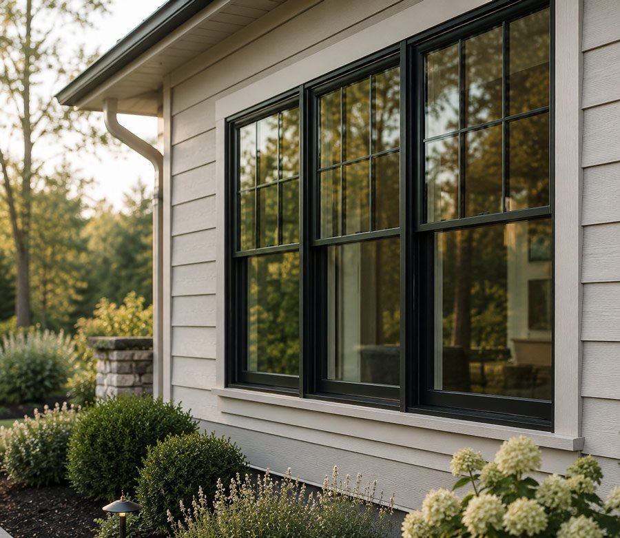 Black-framed energy-efficient replacement windows installed on a remodeled Tacoma home.