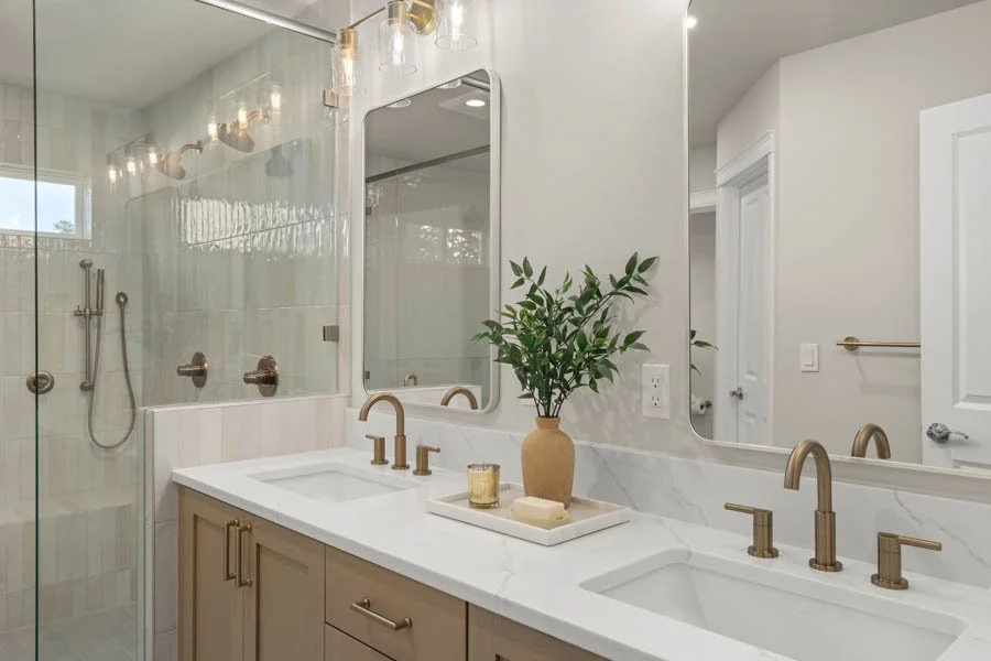 Award-winning bathroom remodel by Massey Remodel + Design featuring a glass shower, double vanity, and modern fixtures in Tacoma, Washington