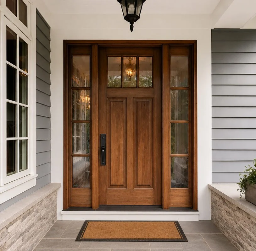 Modern Tacoma home entry with a custom wood front door, gray fiber cement siding, and stone veneer during an exterior remodeling project.