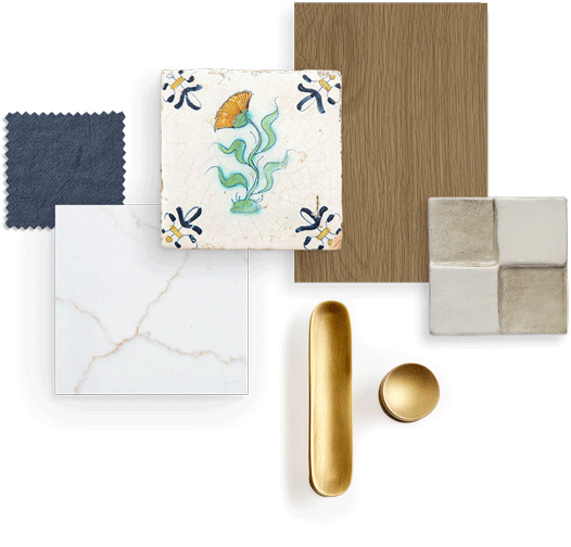 Design Process Materials Collage featuring quartz countertops, floral tile, stained wood and gold hardware.