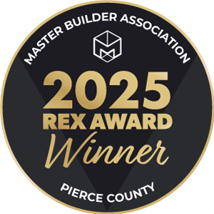 2025 REX Award Winner badge from Master Builders Association of Pierce County recognizing Massey Remodel + Design for remodeling excellence in Tacoma, Washington