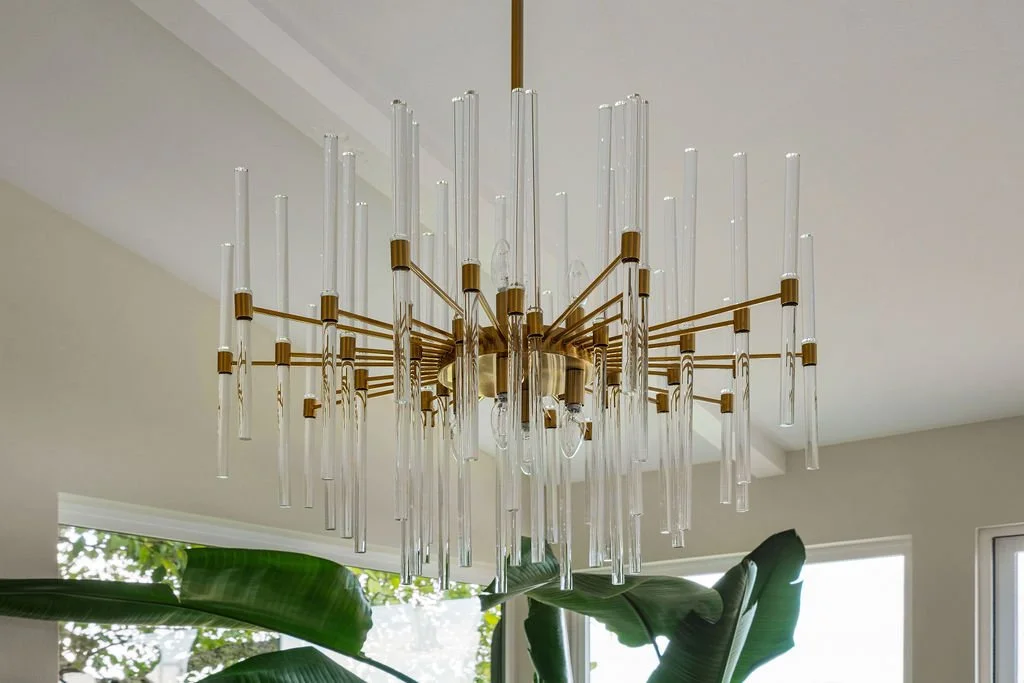 Close-up view of a modern chandelier in a Gig Harbor home remodel living room, installed by a remodeling contractor as part of the interior renovation.