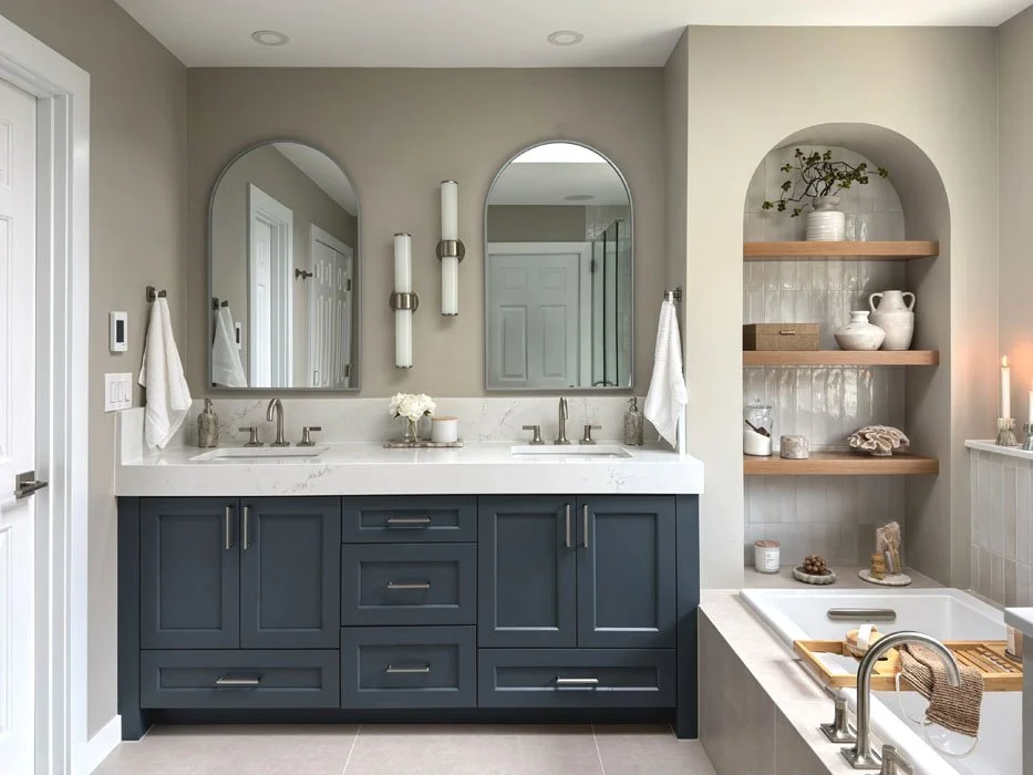 Double vanity bathroom remodel in Sammamish WA with navy blue cabinets, quartz countertop, arched mirrors, and custom built-in niches