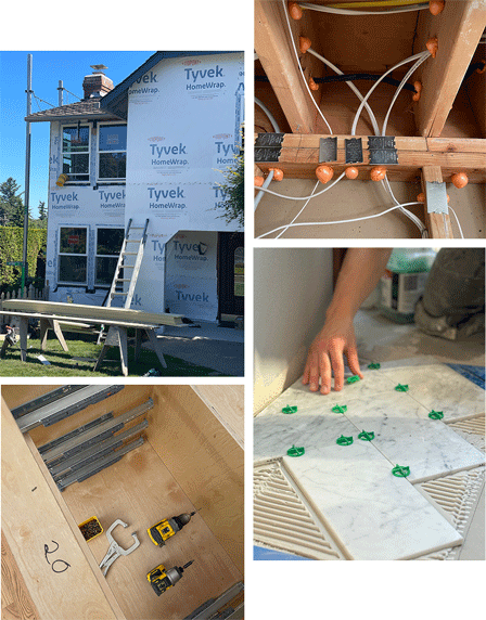 Build collage featuring home remodeling snapshots of tile flooring installation, window installation and electrical changes.