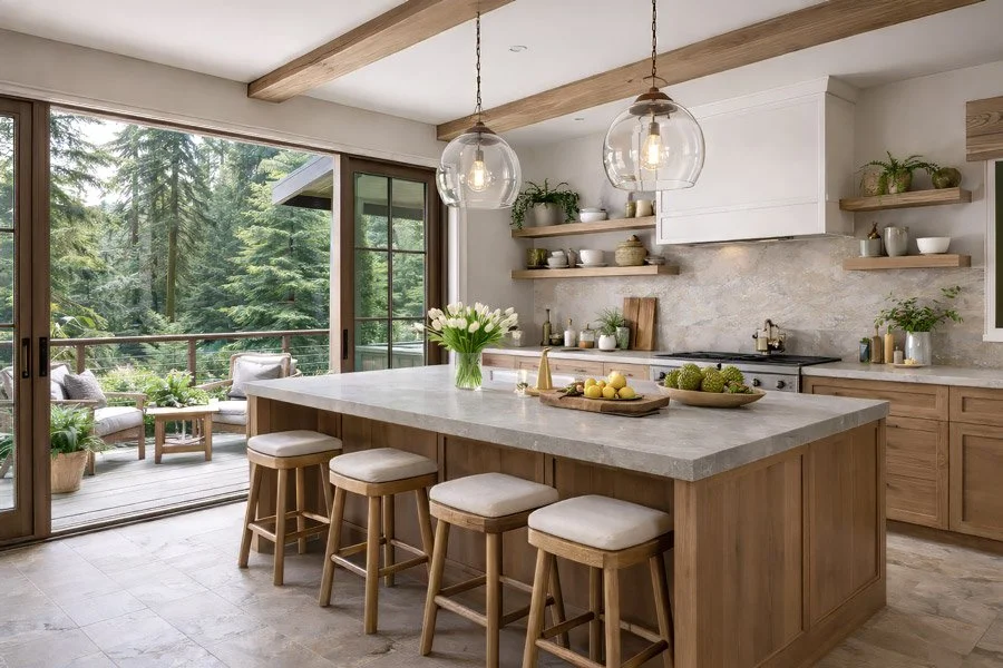 Spring kitchen remodel in Tacoma featuring white oak cabinetry, quartzite island, glass pendant lighting, and large sliding doors opening to a forested PNW outdoor space