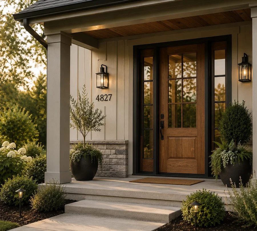 Modern fiberglass front door with sidelights, natural wood finish, and updated entryway on a Tacoma home.