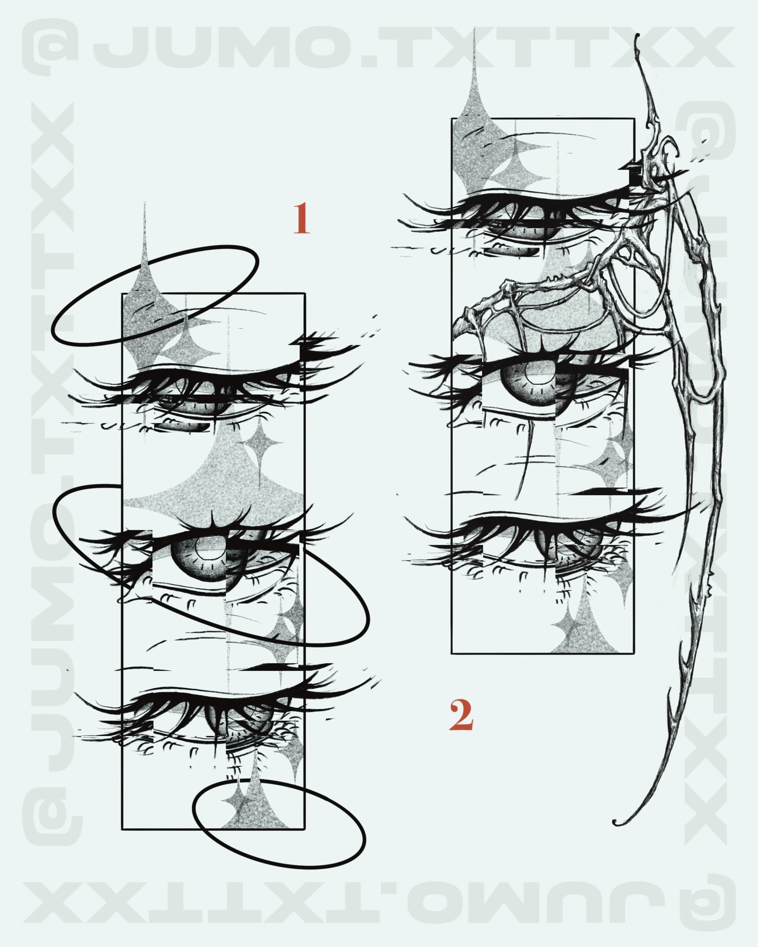 1. "ANGEL x glitch eyes" // 
2. "DEVIL x glitch eyes" -- 4 inch frame min. -- $650