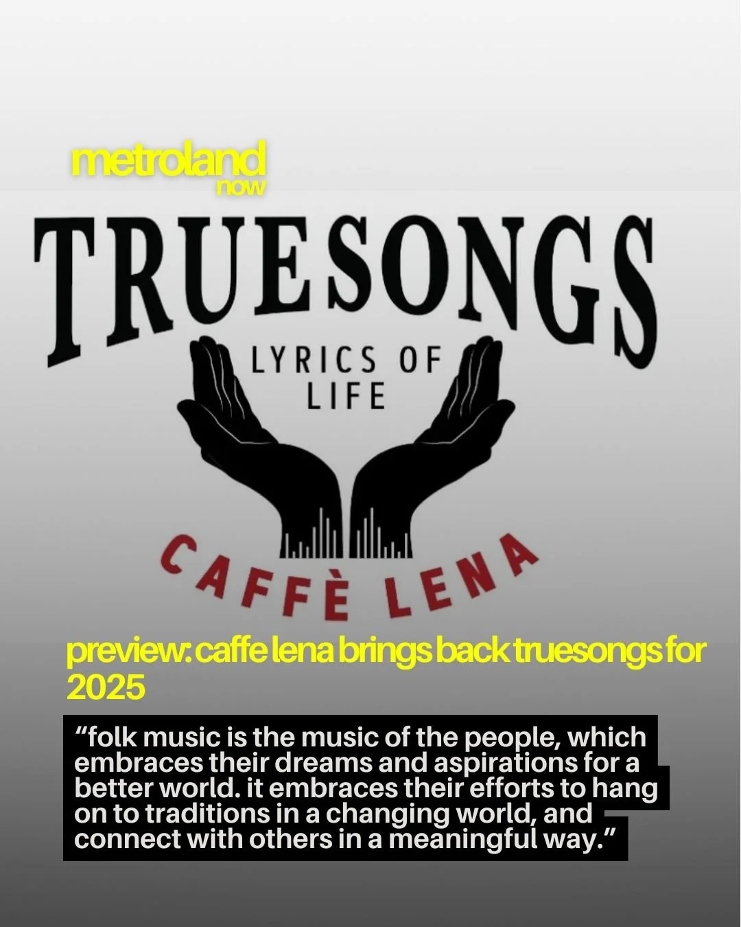 TrueSongs returns in 2025 for its sixth year. Hosted by Caffe Lena, this year's event takes place at Universal Preservation Hall in Saratoga Springs, featuring members of the community representing different not-for-profit organizations telling their