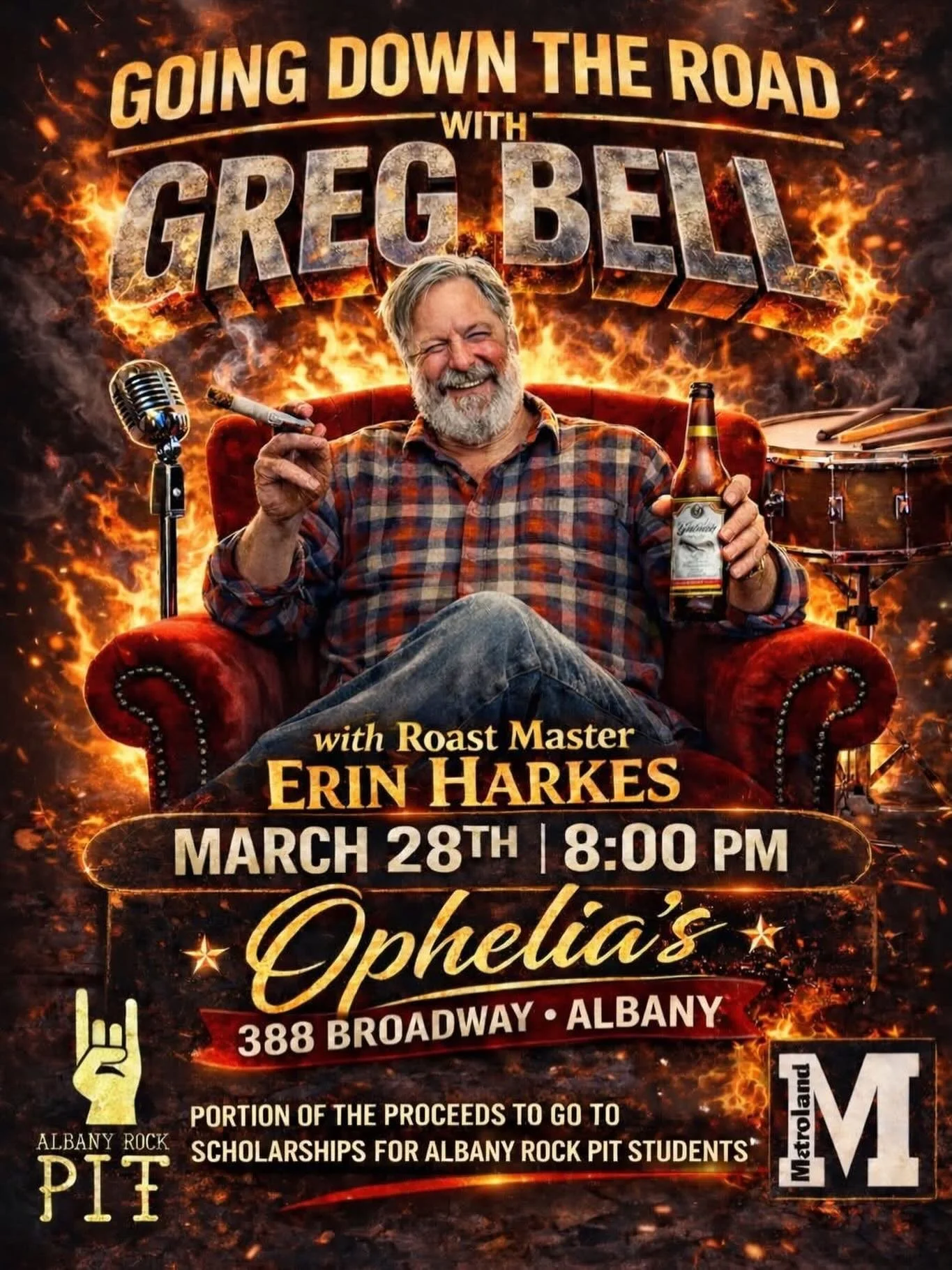 Join us at Ophelia&rsquo;s tonight for a special roast of the one and only Greg Bell! Proceeds go to the Albany Rock Pit Scholarship Fund and Erin Harkes will serve as roast master! Still some tickets left (search Greg bell roast Ophelia&rsquo;s in E