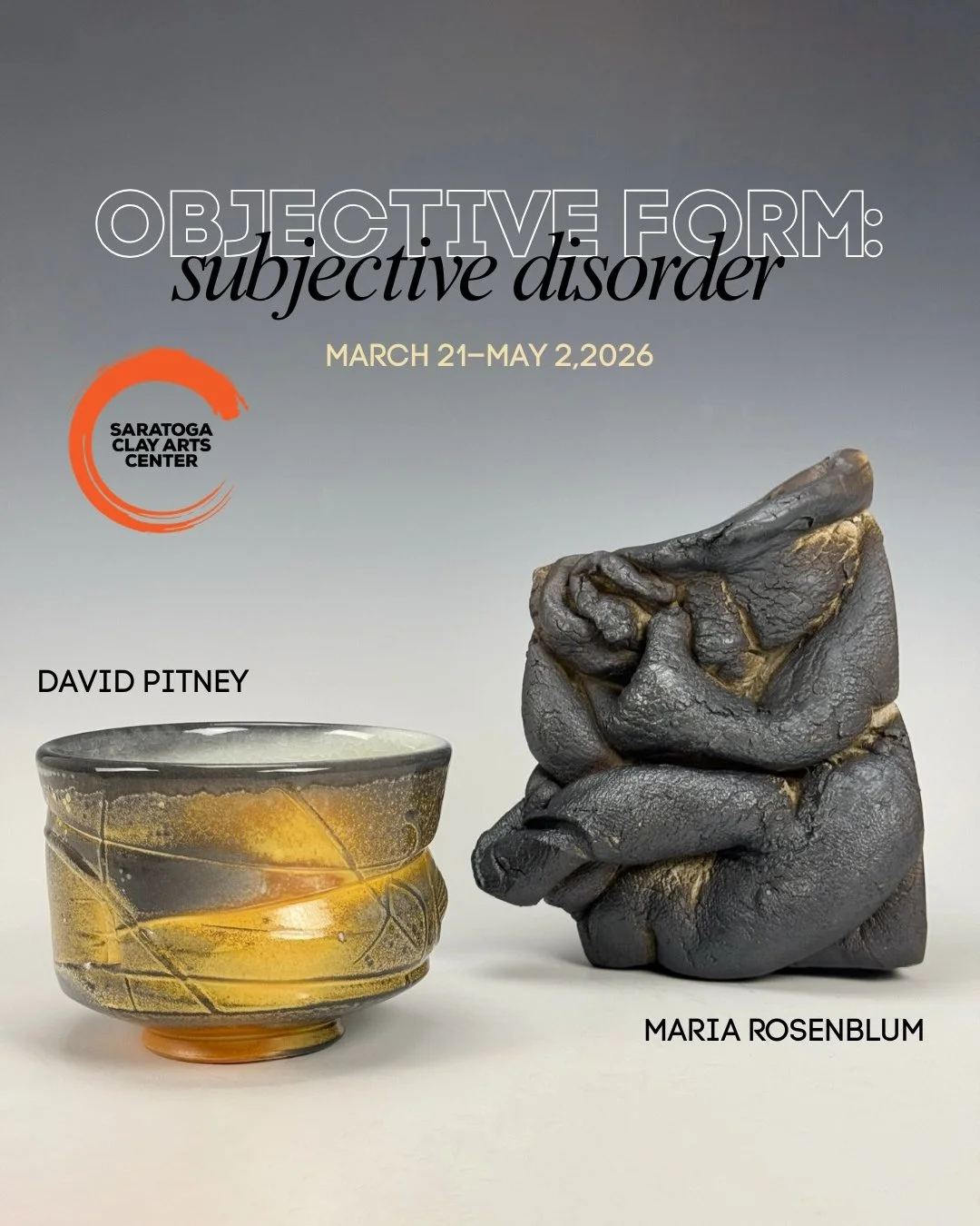 Objective Form : Subjective Disorder is a duo exhibition that brings together Maria Rosenblum and W.D. (David) Pitney. Two artists working with clay from different starting points, but meeting somewhere in the middle. Some of the pieces feel grounded