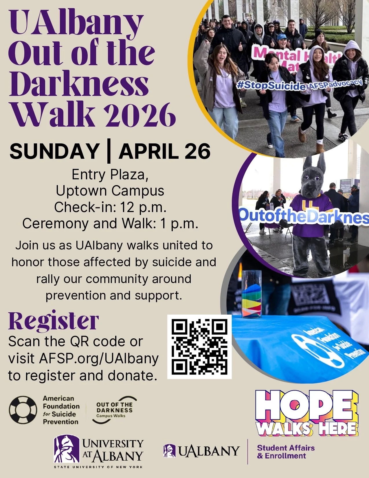 This Sunday, April 26 from 12-2 p.m, SUNY University at Albany will host their 16th annual Out of the Darkness Walk, which fundraises for suicide prevention. The walk is hosted by UAlbany&rsquo;s Office of Health Promotion in collaboration with the A