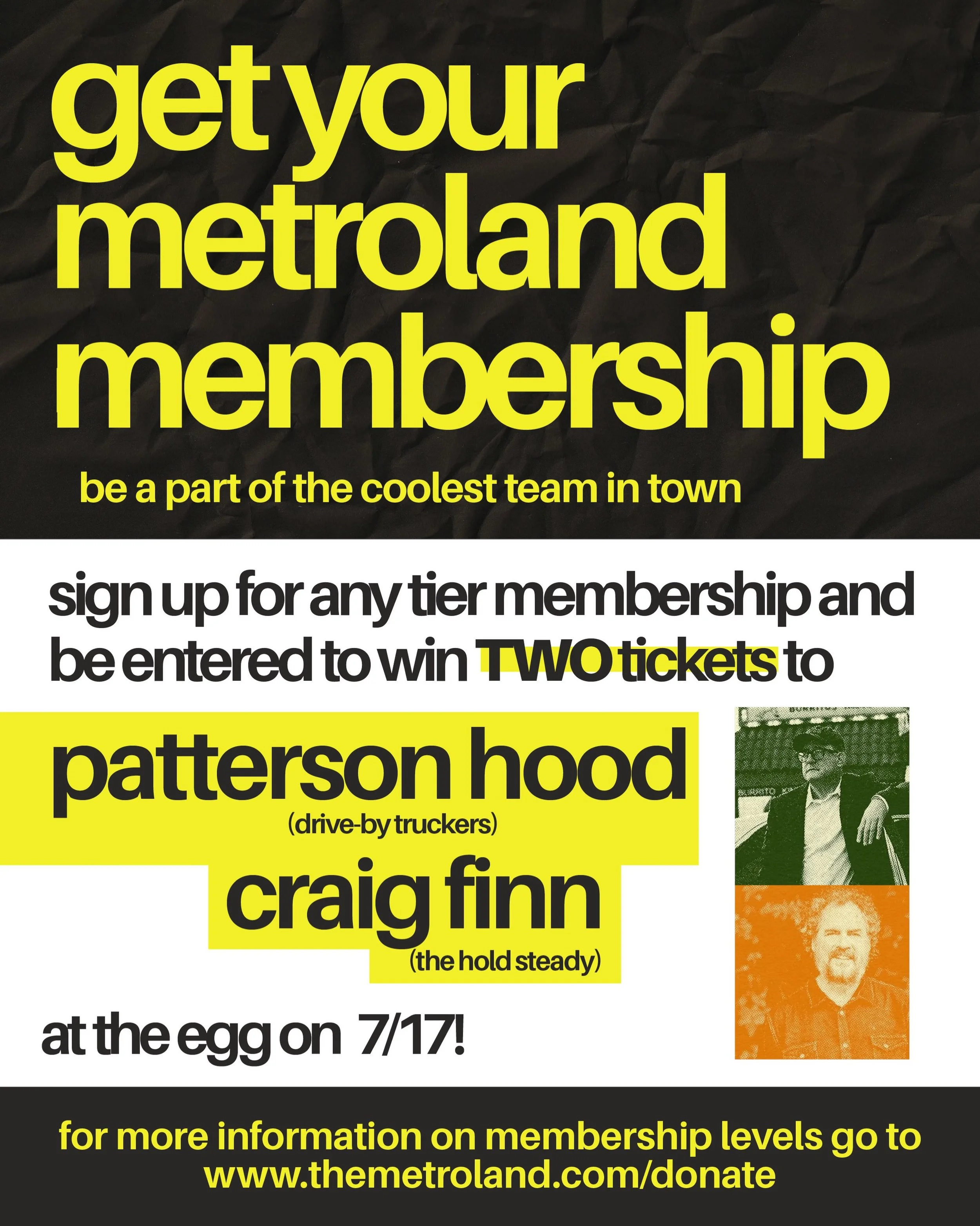 Become a Metroland member today and automatically be entered to win free tickets to upcoming shows, including Patterson Hood &amp; Craig Finn at the @theeggpac tomorrow!

＝