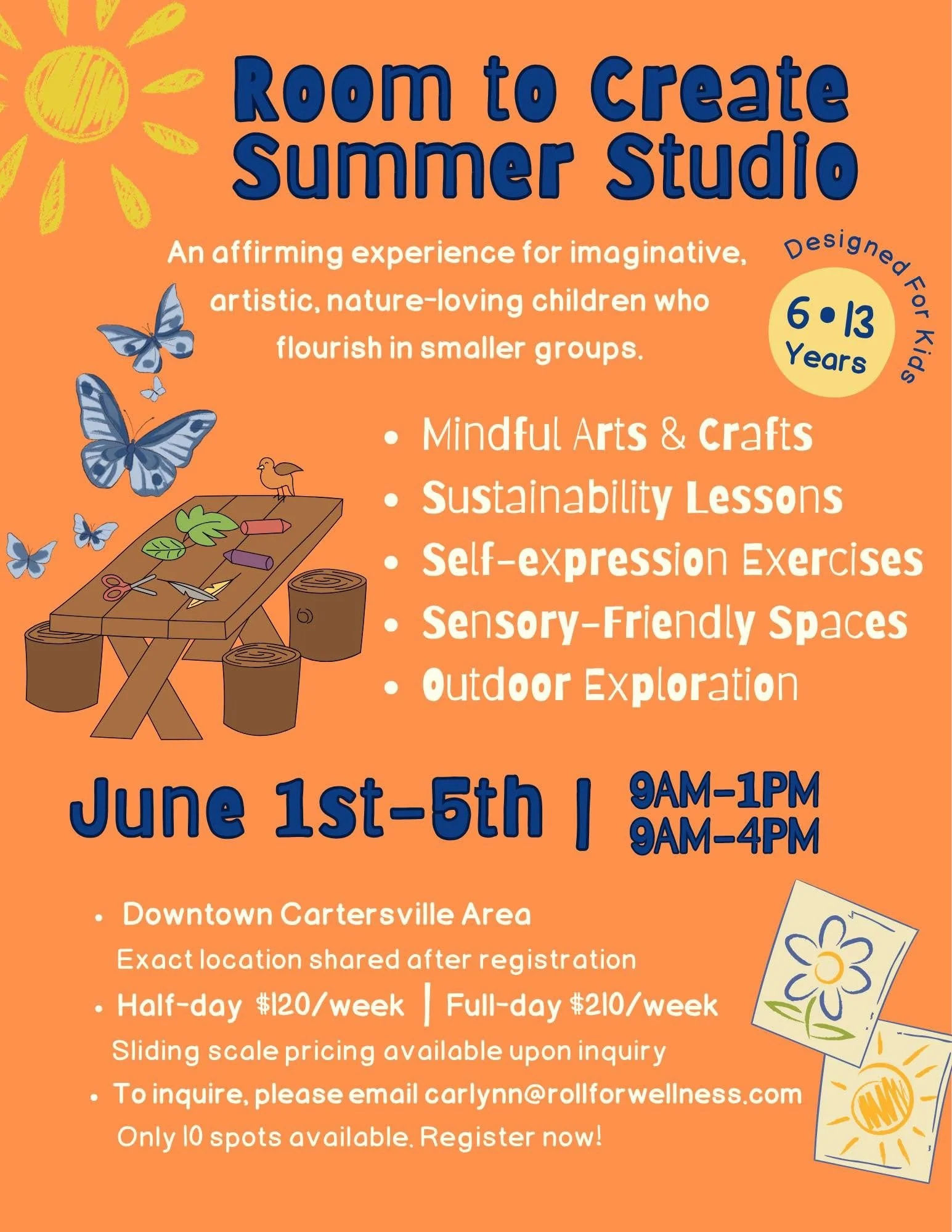 Hello friends!

Excited to let y'all know about another new service we are able to offer in partnership with Room to Create: a 5 day Summer Studio program designed for children between 6-13 years old!

Our first Summer Studio will be held June 1st-5t
