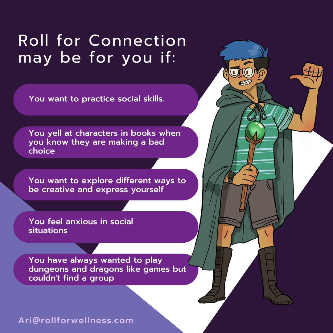 A character dressed as a wizard with blue hair, glasses, and a cape, holding a staff, alongside a list of reasons why someone might be suited for connection, including practicing social skills, yelling at book characters, exploring creativity, feeling anxious socially, and wanting to play Dungeons and Dragons. The background is dark purple with a website email at the bottom.