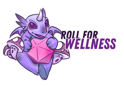 Cute purple cartoon dragon holding a pink gemstone with the text 'Roll for Wellness' beside it.