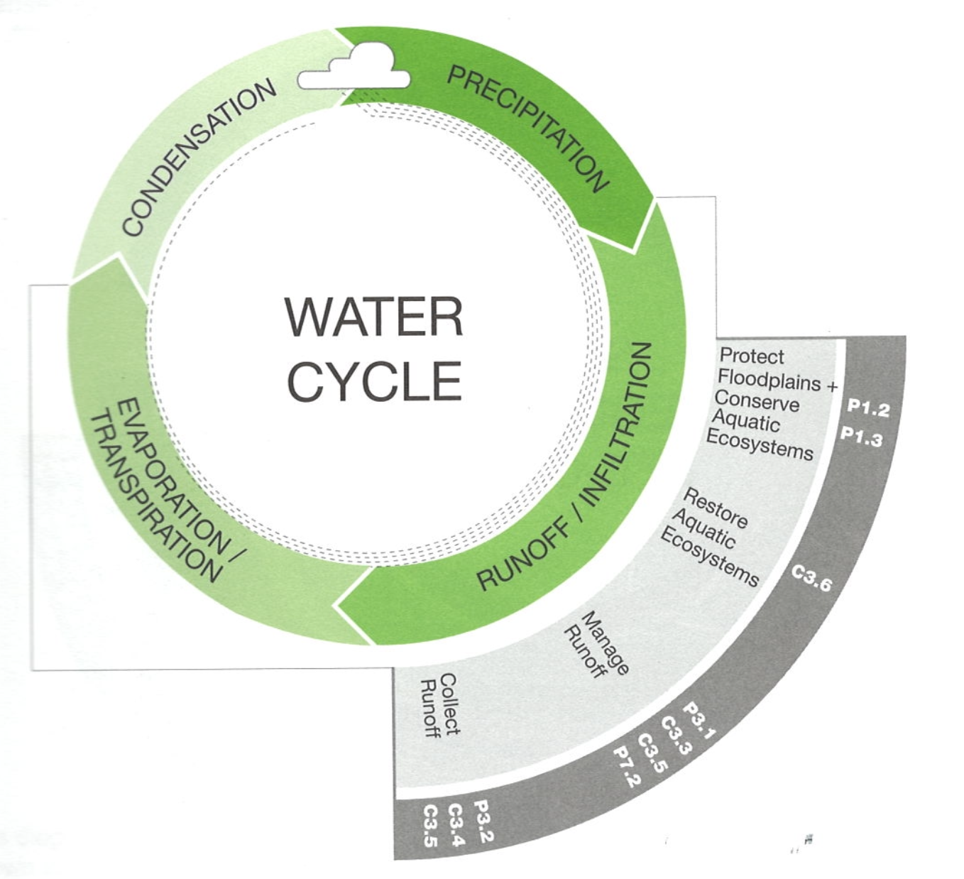 Diagram of SITES water cycle, including design interventions at the runoff/infiltration and evaporation/transpiration levels