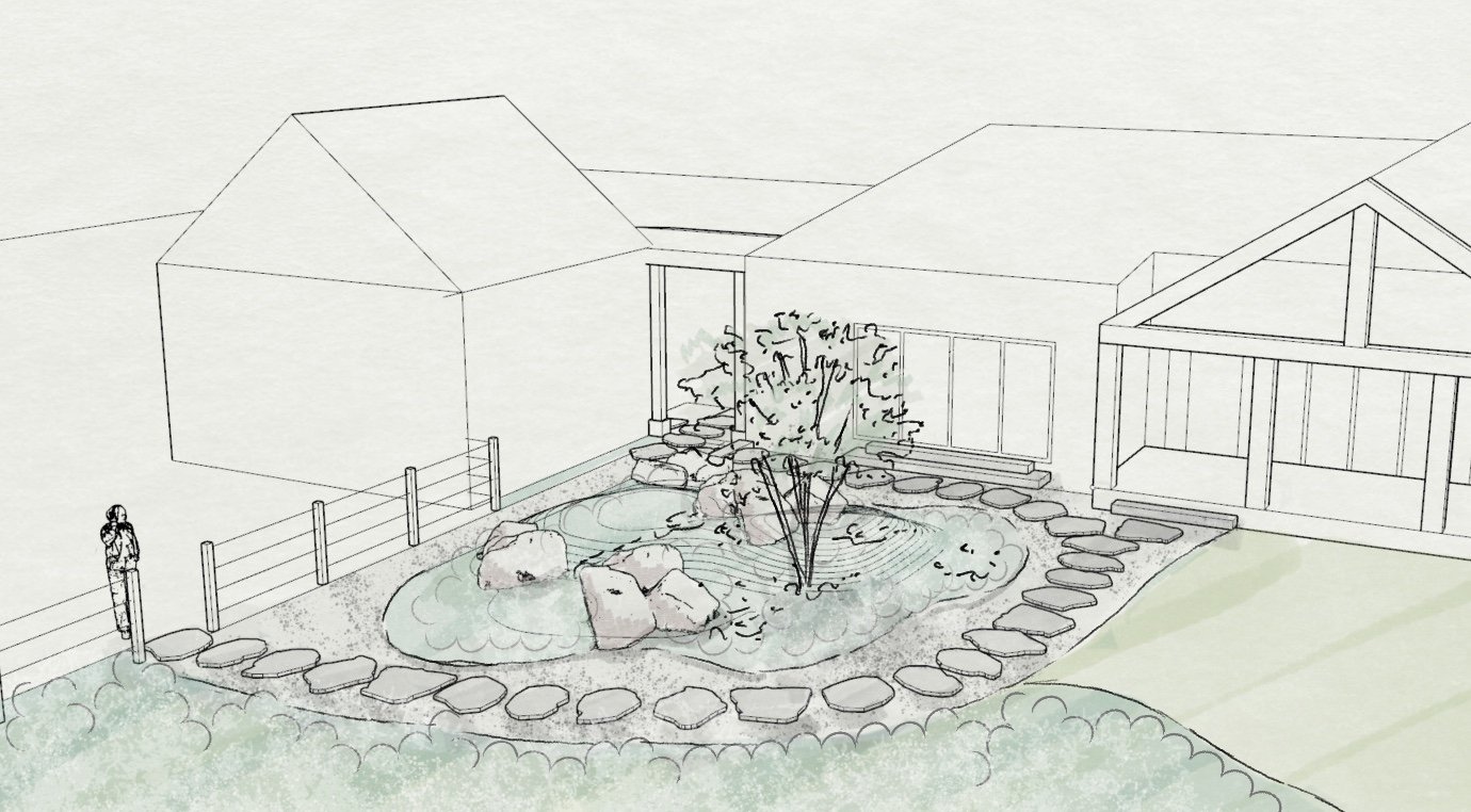 3D Sketch of Native knoll from above with local and repurposed stones and boulders and a native tree_Design Ecosystems.jpg