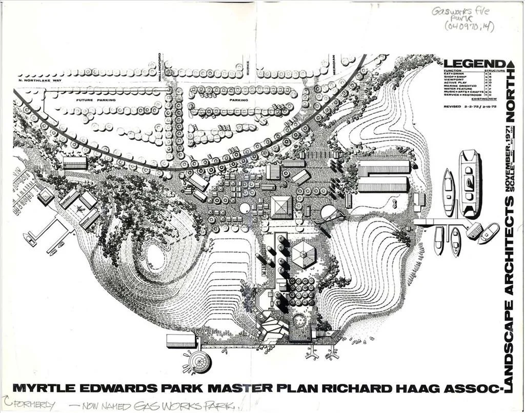 Masterplan of Gas Works Park, featuring a post industrial design that kept the old gas works on site