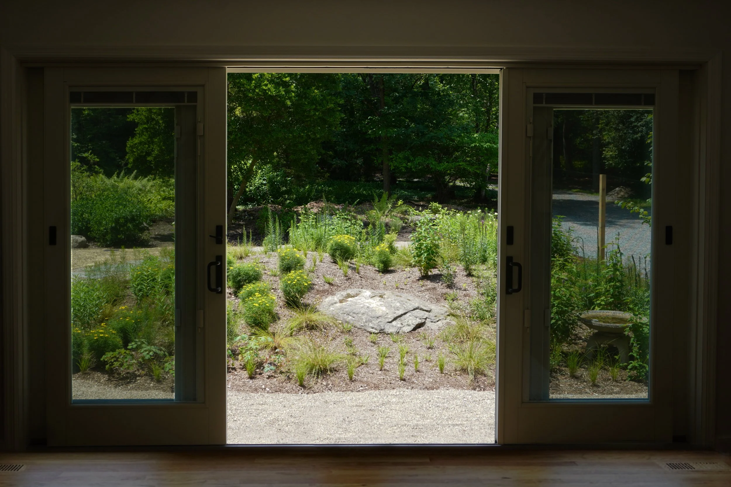 Native knoll looking out of a living room at perennials and local stone