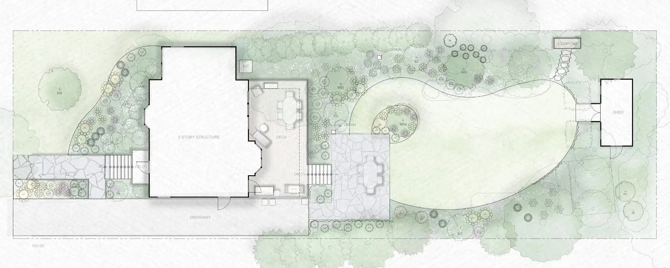 Rendering of residential property with patio and large lawn in the backyard