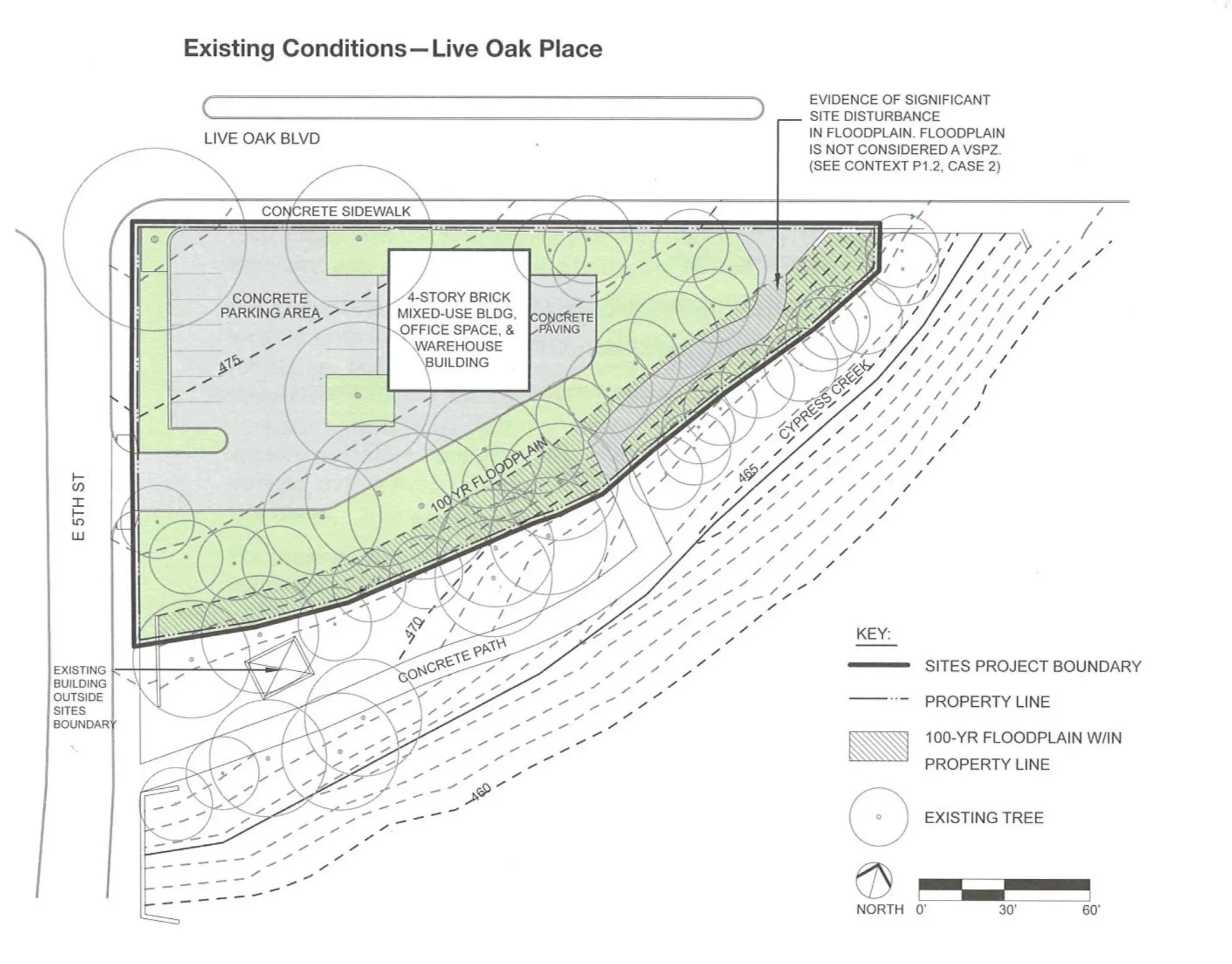 Example of existing conditions map, featuring a parking lot, brick building, 100 year flood plain, and vegetated area