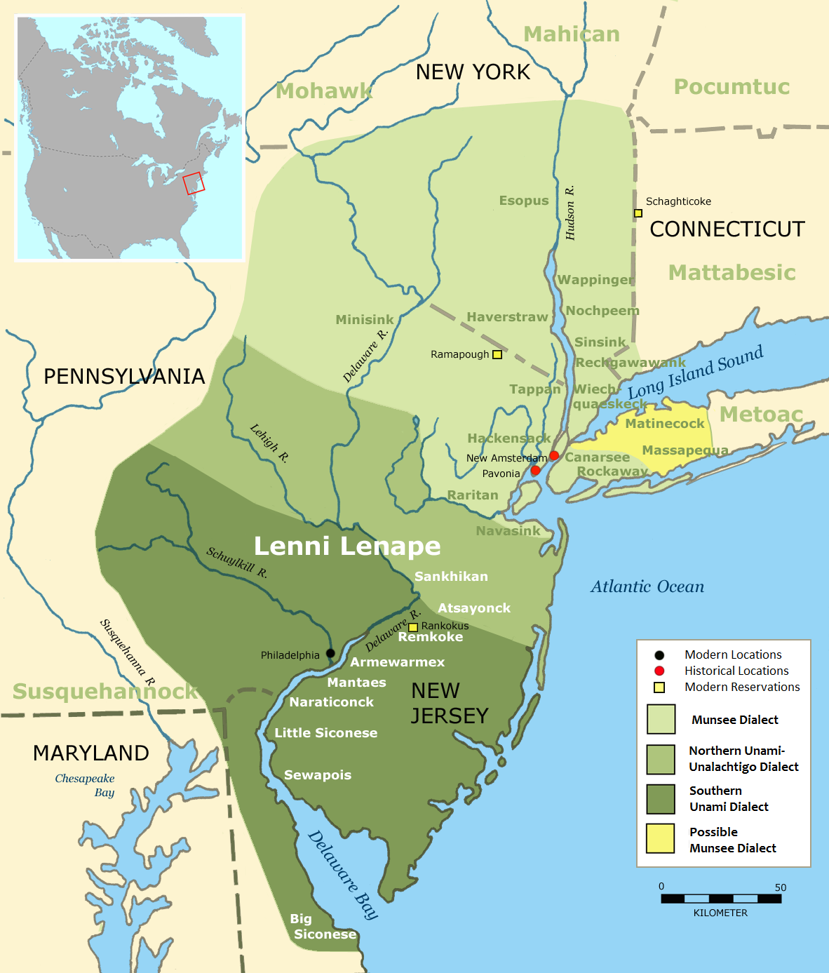 The Lenape territory, known as Lenapehoking, as of the 16th and 17th centuries, with speakers of Munsee (north), Unalachtigo (center), and Unami (south). Inset: The location of the region in the present-day United States