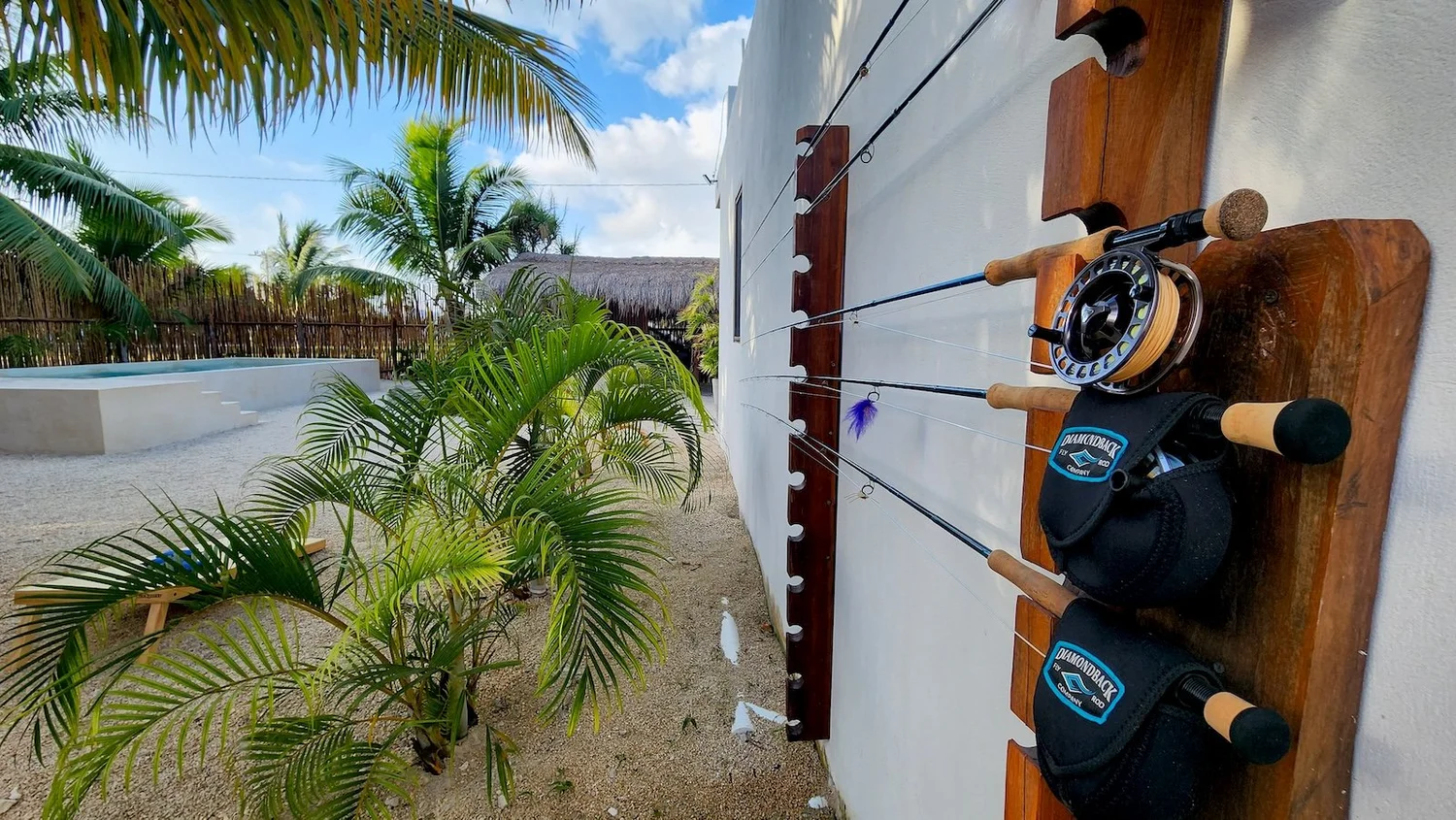 Saltwater fly rods prepared for a hosted week at Xcalak Paradise Lodge in Mexico