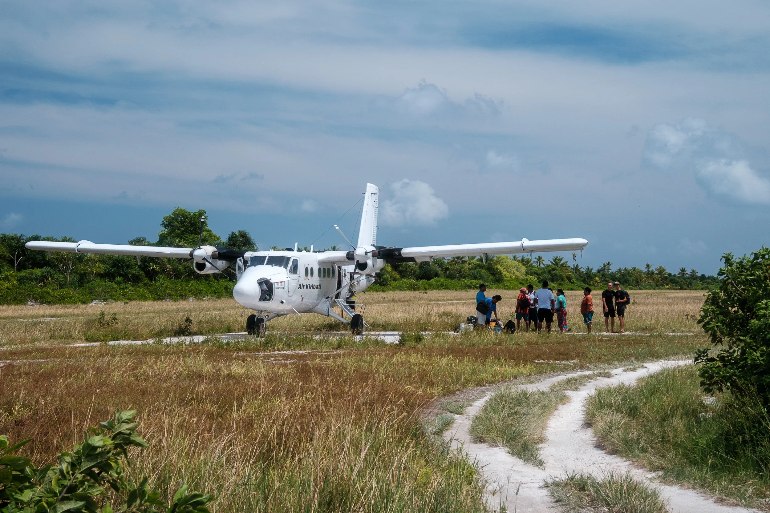 A tropical scene with palm trees, thatched roof huts, and a group of people walking in an outdoor area.